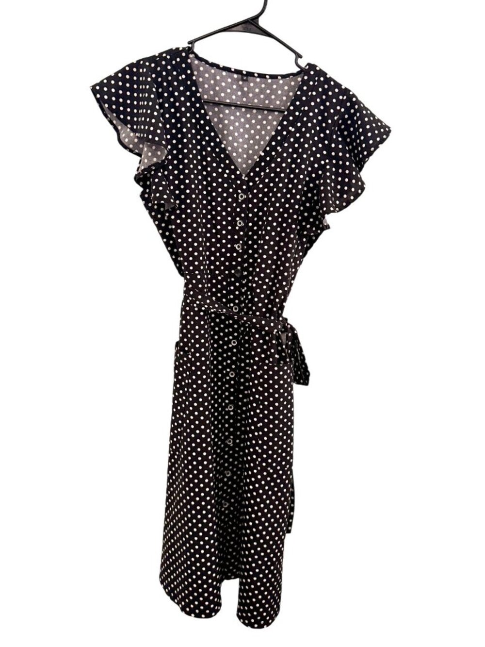 Womens Black & White Polka Dot Dress, Belt, POCKETS, Size M Rockabilly,